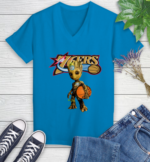 Philadelphia 76ers NBA Basketball Groot Marvel Guardians Of The Galaxy Women's V-Neck T-Shirt 7