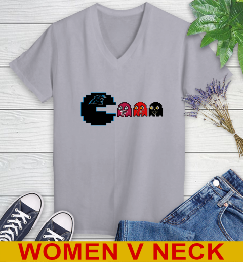 Carolina Panthers NFL Football Pac Man Champion Women's V-Neck T-Shirt 5