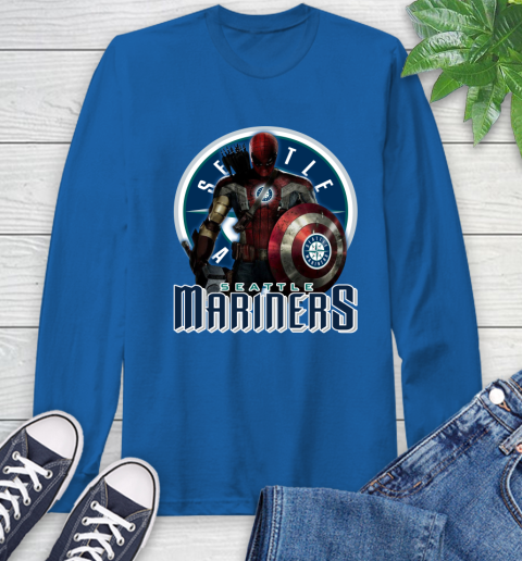 MLB Captain America Thor Spider Man Hawkeye Avengers Endgame Baseball Seattle Mariners Long Sleeve T-Shirt 9