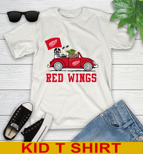 NHL Hockey Detroit Red Wings Darth Vader Baby Yoda Driving Star Wars Shirt Youth T-Shirt