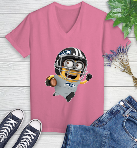 NFL Seattle Seahawks Minions Disney Football Sports Women's V-Neck T-Shirt 13