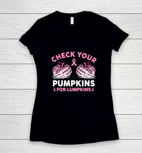 Check Your Pumpkins Breast Cancer Awareness Halloween Women's V-Neck T-Shirt