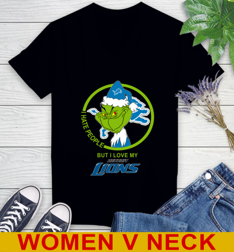 Detroit Lions NFL Christmas Grinch I Hate People But I Love My Favorite Football Team Women's V-Neck T-Shirt 2
