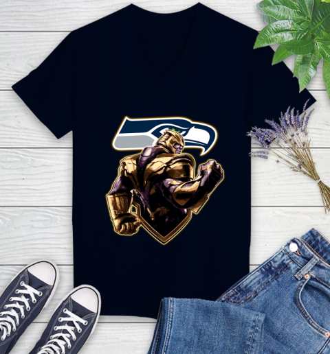 NFL Thanos Avengers Endgame Football Sports Seattle Seahawks Women's V-Neck T-Shirt 3