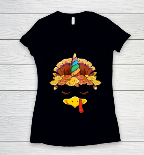 Unicorn Turkey Face Girls Women Thanksgiving Gifts Women's V-Neck T-Shirt