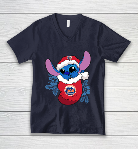 New York Mets Christmas Stitch In The Sock Funny Disney MLB V-Neck T-Shirt 3