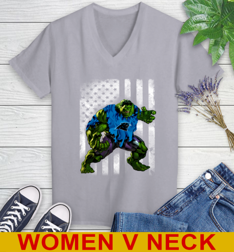Carolina Panthers Hulk Marvel Avengers NFL Football American Flag Women's V-Neck T-Shirt 4