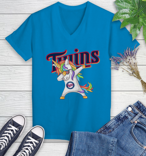 Minnesota Twins MLB Baseball Funny Unicorn Dabbing Sports Women's V-Neck T-Shirt 7