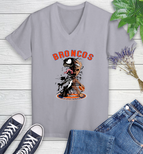 NFL Denver Broncos Football Venom Groot Guardians Of The Galaxy Women's V-Neck T-Shirt 4
