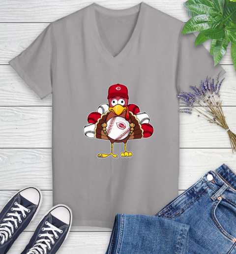 Cincinnati Reds Turkey thanksgiving Women's V-Neck T-Shirt 4