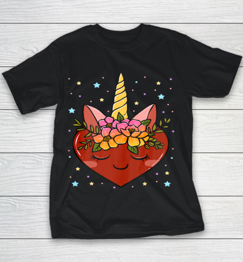 Valentine s Day Gifts for Her Funny Floral Unicorn Heart Youth T-Shirt