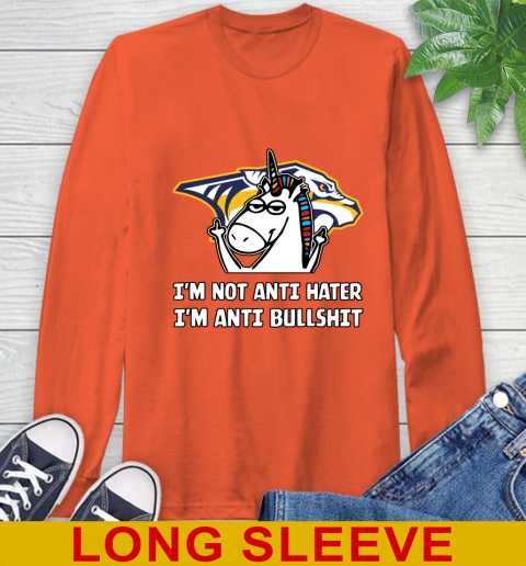 Nashville Predators NHL Hockey Unicorn I'm Not Anti Hater I'm Anti Bullshit Long Sleeve T-Shirt 5