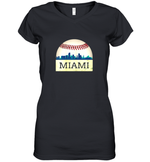Miami Baseball Shirt Cool Marlin Skyline on Giant Ball Women's V-Neck T-Shirt