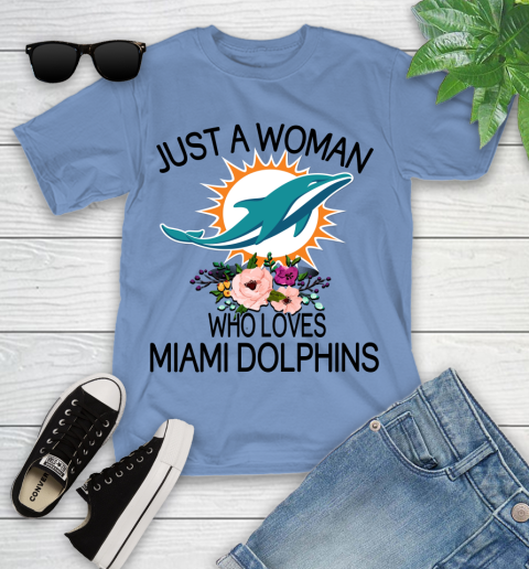 NFL Just A Woman Who Loves Miami Dolphins Football Sports Youth T-Shirt 9