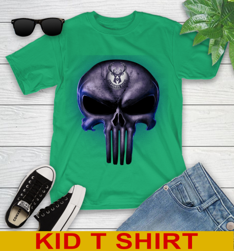 Milwaukee Bucks NBA Basketball Punisher Skull Sports Youth T-Shirt 7