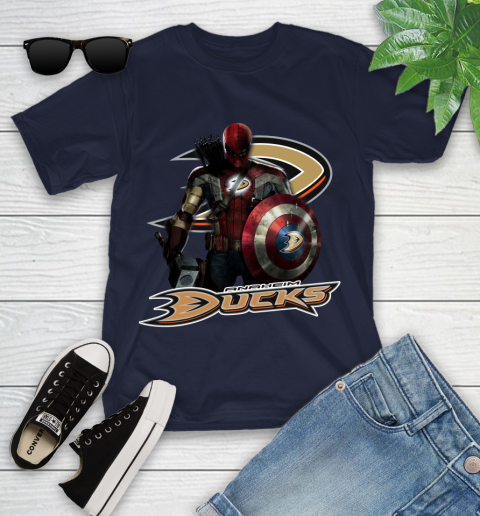NHL Captain America Thor Spider Man Hawkeye Avengers Endgame Hockey Anaheim Ducks Youth T-Shirt 3