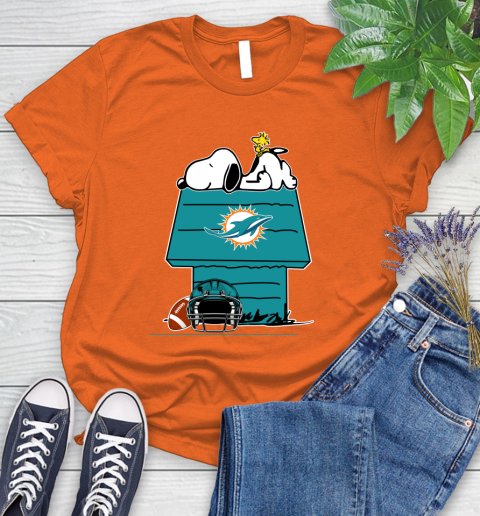 Miami Dolphins NFL Football Snoopy Woodstock The Peanuts Movie Women's T-Shirt 4