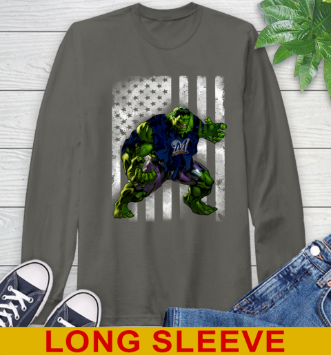 Milwaukee Brewers Hulk Marvel Avengers MLB Baseball American Flag Long Sleeve T-Shirt 10