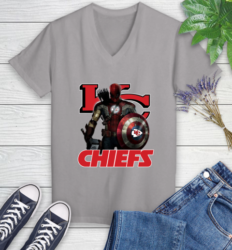 NFL Captain America Thor Spider Man Hawkeye Avengers Endgame Football Kansas City Chiefs Women's V-Neck T-Shirt 4