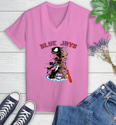 MLB Toronto Blue Jays Baseball Venom Groot Guardians Of The Galaxy Women's V-Neck T-Shirt 14