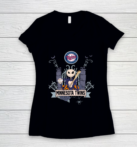 MLB Minnesota Twins Baseball Jack Skellington Halloween Women's V-Neck T-Shirt