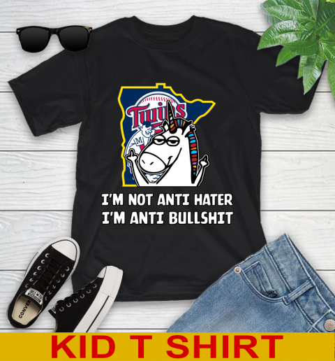 Minnesota Twins MLB Baseball Unicorn I'm Not Anti Hater I'm Anti Bullshit Youth T-Shirt 2