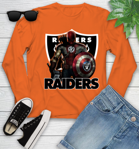 NFL Captain America Thor Spider Man Hawkeye Avengers Endgame Football Oakland Raiders Youth Long Sleeve 4