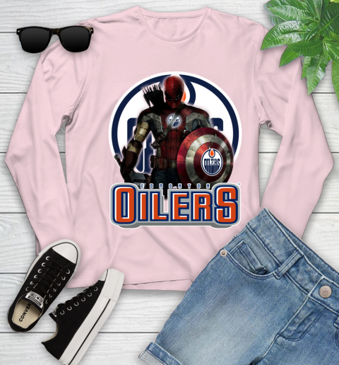 NHL Captain America Thor Spider Man Hawkeye Avengers Endgame Hockey Edmonton Oilers Youth Long Sleeve 10