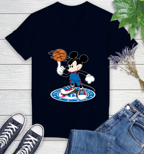 NBA Basketball Philadelphia 76ers Cheerful Mickey Disney Shirt Women's V-Neck T-Shirt - Image 4