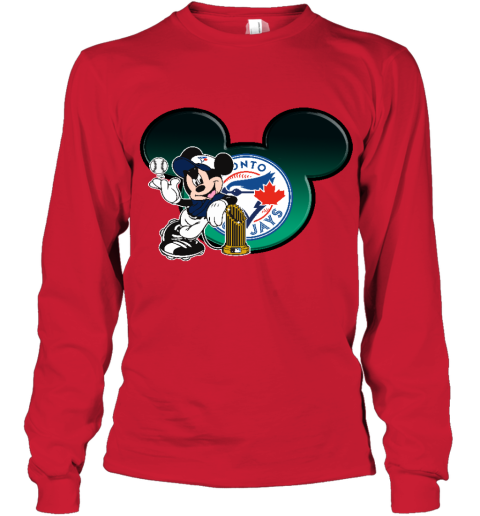 Toronto Blue Jays The Commissioner's Trophy Mickey Mouse pf0h toronto blue jays the commissioneramp 39 s trophy mickey mouse youth long sleeve 50 front red