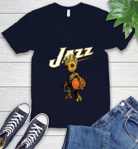 Utah Jazz NBA Basketball Groot Marvel Guardians Of The Galaxy V-Neck T-Shirt 3