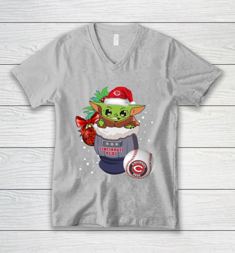 Cincinnati Reds Christmas Baby Yoda Star Wars Funny Happy MLB V-Neck T-Shirt 4