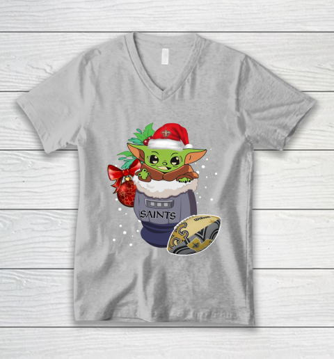 New Orleans Saints Christmas Baby Yoda Star Wars Funny Happy NFL V-Neck T-Shirt 4
