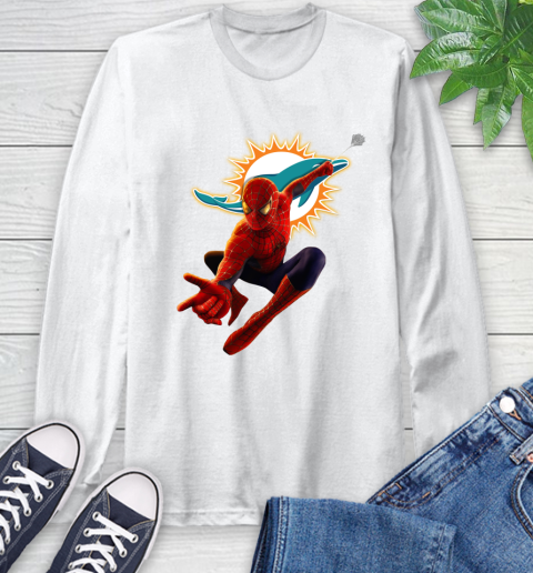 NFL Spider Man Avengers Endgame Football Miami Dolphins Long Sleeve T-Shirt