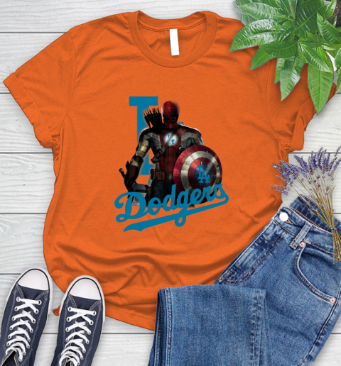 MLB Captain America Thor Spider Man Hawkeye Avengers Endgame Baseball Los Angeles Dodgers Women's T-Shirt 4
