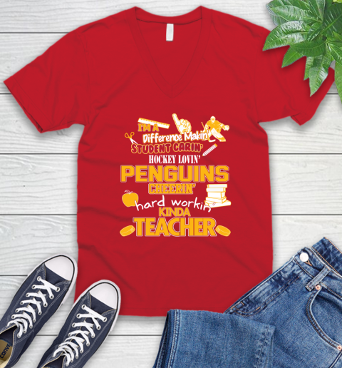 Pittsburgh Penguins NHL I'm A Difference Making Student Caring Hockey Loving Kinda Teacher V-Neck T-Shirt 6
