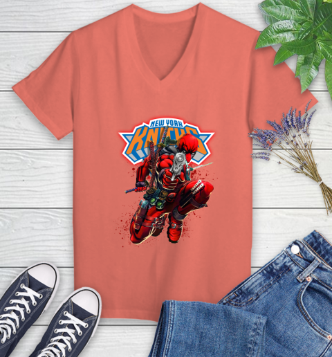NBA Deadpool Marvel Comics Sports Basketball New York Knicks Women's V-Neck T-Shirt 6