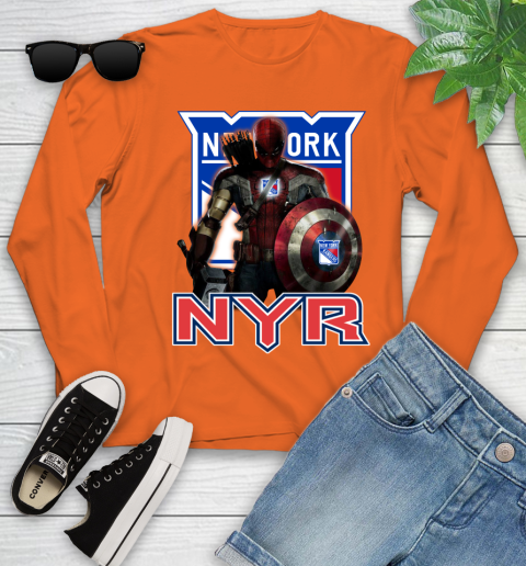 NHL Captain America Thor Spider Man Hawkeye Avengers Endgame Hockey New York Rangers Youth Long Sleeve 4