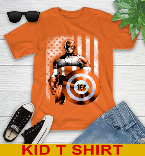 Cincinnati Bengals NFL Football Captain America Marvel Avengers American Flag Shirt Youth T-Shirt 8