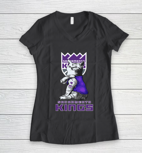 NBA Basketball My Cat Loves Sacramento Kings Women's V-Neck T-Shirt 6