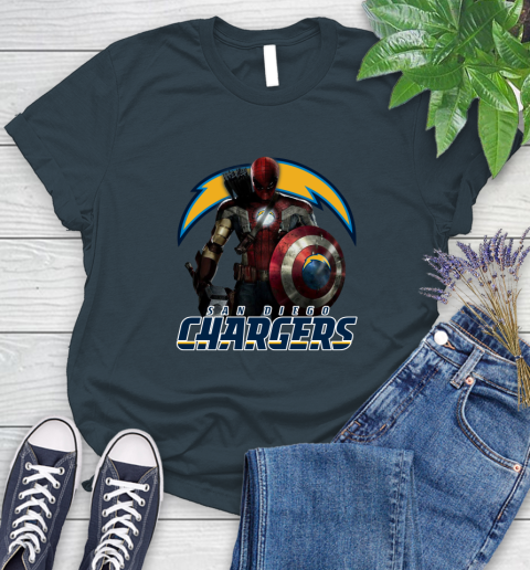 NFL Captain America Thor Spider Man Hawkeye Avengers Endgame Football San Diego Chargers Women's T-Shirt 8