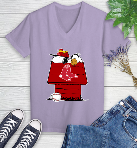 MLB Boston Red Sox Snoopy Woodstock The Peanuts Movie Baseball T Shirt Women's V-Neck T-Shirt 14