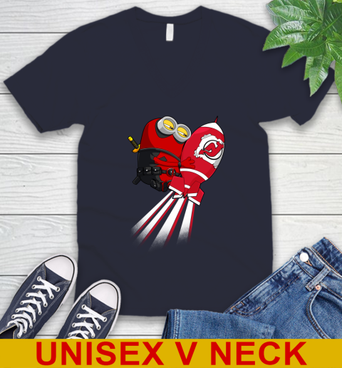 NHL Hockey New Jersey Devils Deadpool Minion Marvel Shirt V-Neck T-Shirt 3 NHL Hockey New Jersey Devils Deadpool Minion Marvel Shirt V-Neck T-Shirt - Image 3