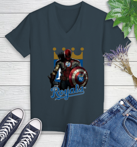 MLB Captain America Thor Spider Man Hawkeye Avengers Endgame Baseball Kansas City Royals Women's V-Neck T-Shirt 8