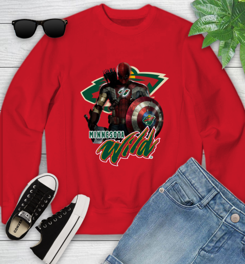 NHL Captain America Thor Spider Man Hawkeye Avengers Endgame Hockey Minnesota Wild Youth Sweatshirt 9