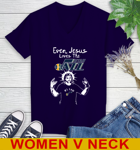 Utah Jazz NBA Basketball Even Jesus Loves The Jazz Shirt Women's V-Neck T-Shirt 3