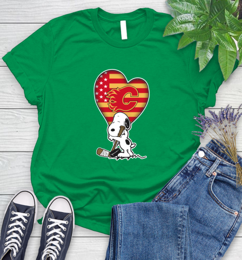 Calgary Flames NHL Hockey The Peanuts Movie Adorable Snoopy Women's T-Shirt 6