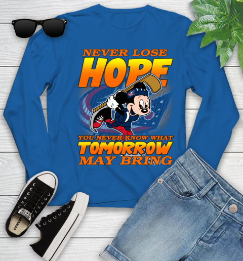Columbus Blue Jackets NHL Hockey ootball Mickey Disney Never Lose Hope Youth Long Sleeve 10