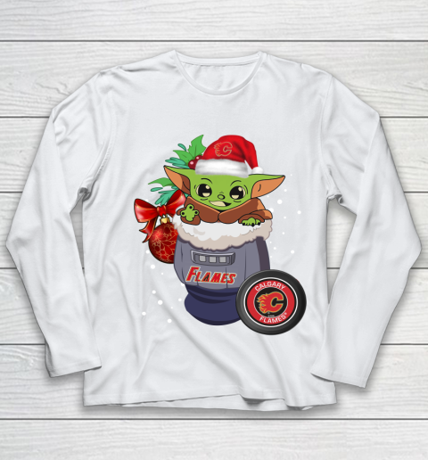 Calgary Flames Christmas Baby Yoda Star Wars Funny Happy NHL Youth Long Sleeve 2