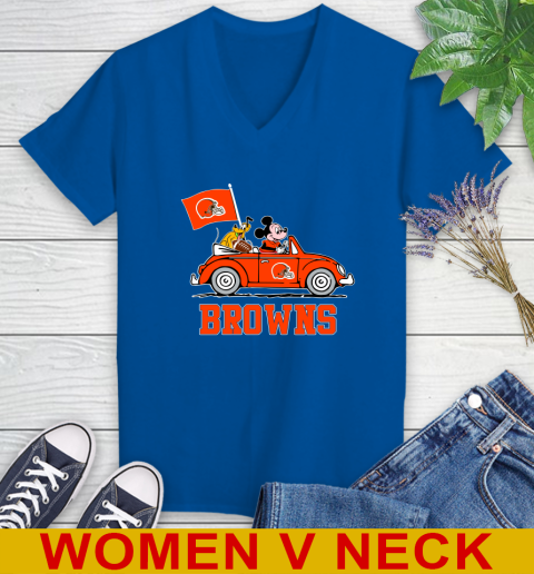 NFL Football Cleveland Browns Pluto Mickey Driving Disney Shirt Women's V-Neck T-Shirt 11
